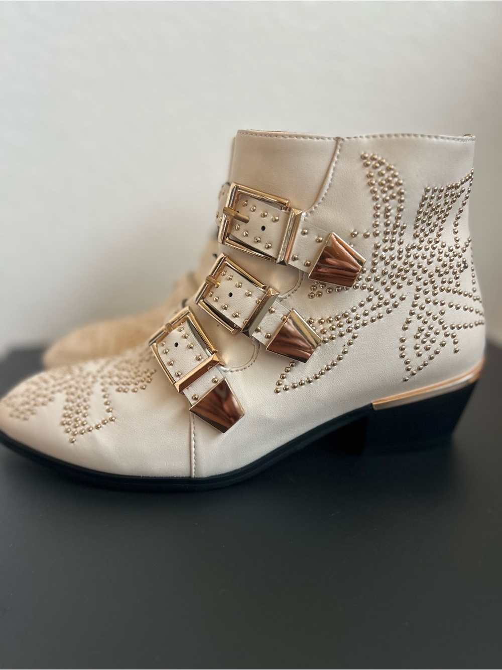 NEW Cream Studded Triple-Buckle Ankle Boots Size 37/7